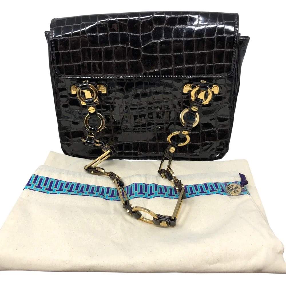 Tory Burch Retired Brown Croc Embossed Patent Leather Shoulder Bag Gold‎ Chain